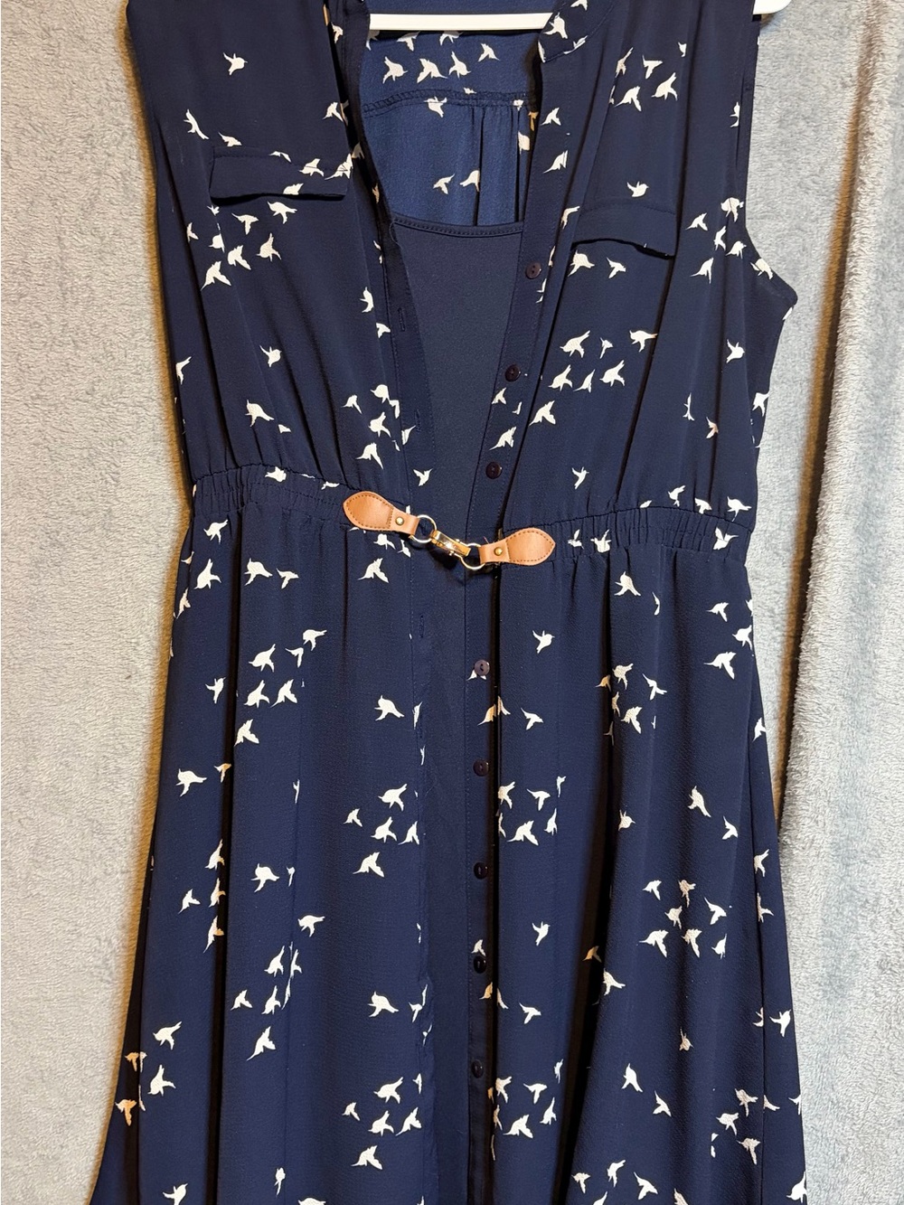 Indigo Navy and White Birds Sleeveless Midi Dress with Tan Buckle
